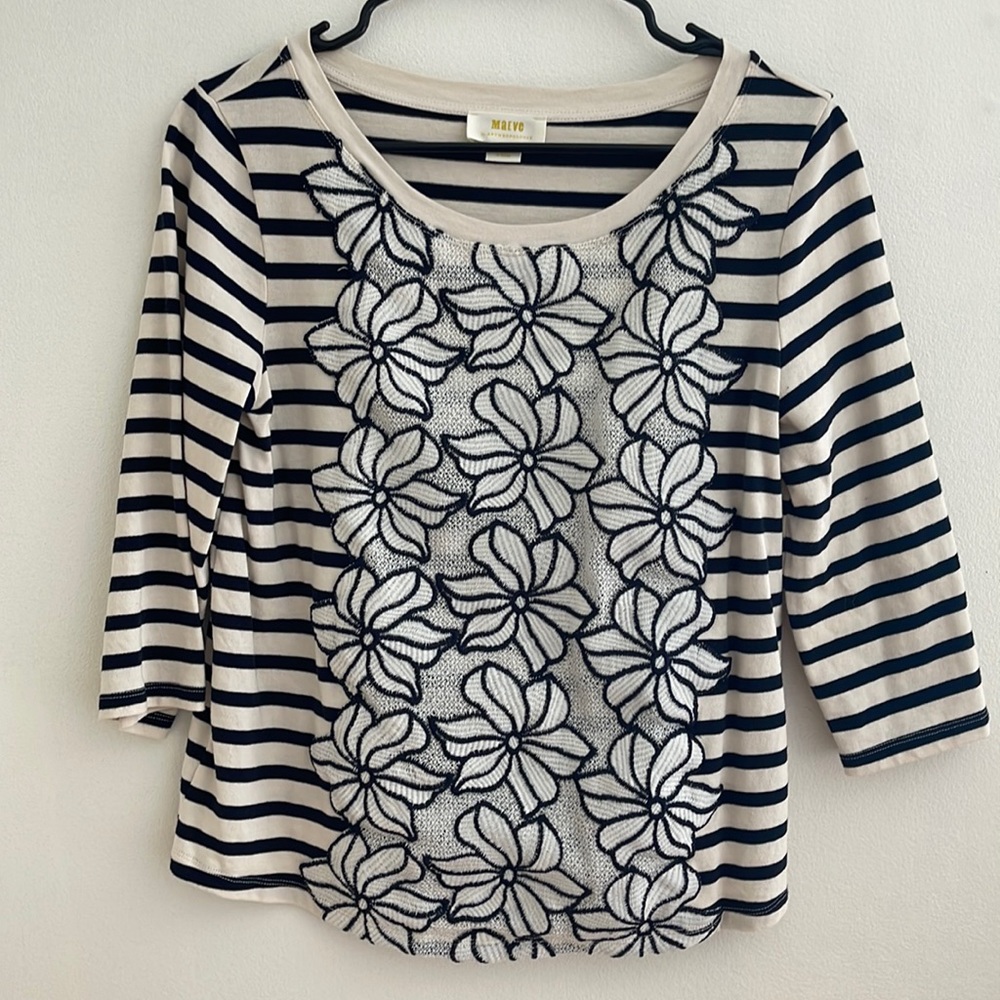 Maeve by Anthro Black and Cream Floral and Striped Top